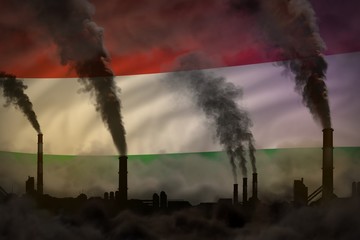Naklejka premium Dark pollution, fight against climate change concept - industrial 3D illustration of industry chimneys dense smoke on Hungary flag background