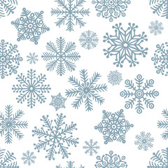 Fototapeta na wymiar Snowflakes seamless background. Hand drawn different snowflakes endless frozen texture. Winter holidays hand dawn seamless pattern. Sketch drawing different snowflakes. Part of set.