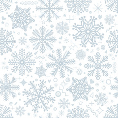 Naklejka na ściany i meble Hand drawn snowflakes and shapes seamless background. Hand drawn different snowflakes and doodles endless frozen texture. Winter holidays sketch drawing seamless pattern. Part of set.