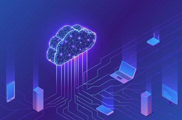Cloud computing concept, server, smartphone, modem, tablet connected in neural network, isometric vector technolodgy background, modern blue design - 307431093
