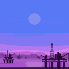 Nature landscape. Sea, mountains and oil platforms. Vector illustration.
