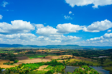 Fototapeta na wymiar Aerial view landscape in Nakhon Ratchasima province, Thailand. Scenery consist of mountain and blue sky with clouds.