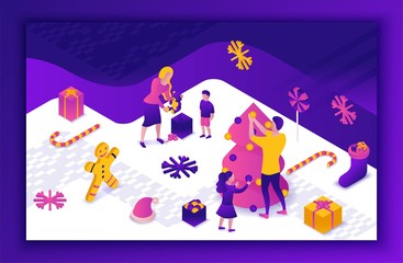 New year 2020 isometric 3d illustration, family celebrating winter holiday party, christmas concept, parents, children decorating tree, present, cartoon people together, violet, pink, yellow color