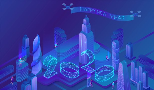 2020 Vision Isometric Smart City, Futuristic 3d Concept, Blue Glowing Neon Number, Future Ai Technolodgy Poster, New Year Calendar Or Banner, Vector Illustration