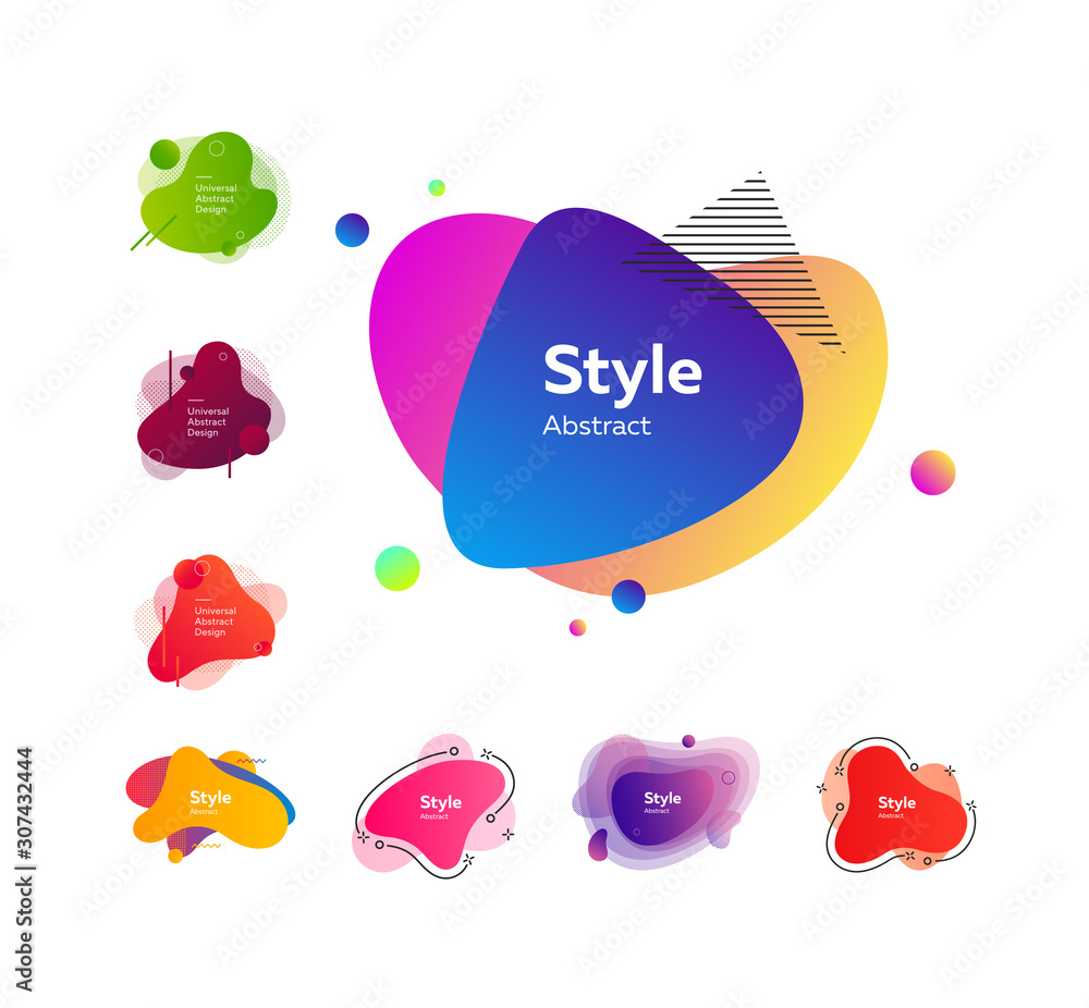 Poster multicolored abstract stains set. modern fluid multi layer compositions with sample text. trendy min