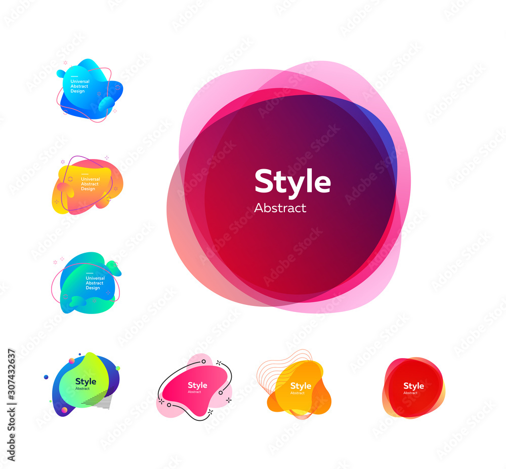 Poster multicolored dynamic shapes for banners set. modern abstract figures and lines with sample text. tre