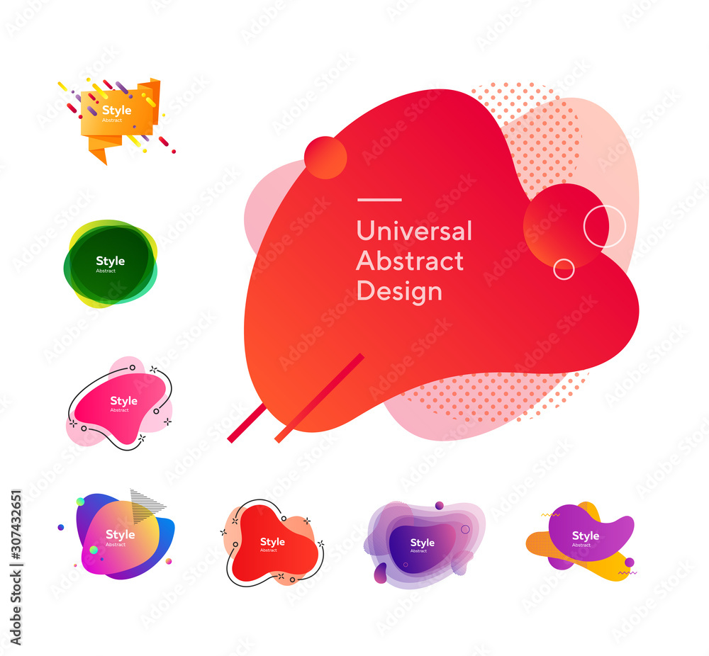 Poster neon colored liquid figures set. modern abstract shapes and lines with gradient effect. trendy minim