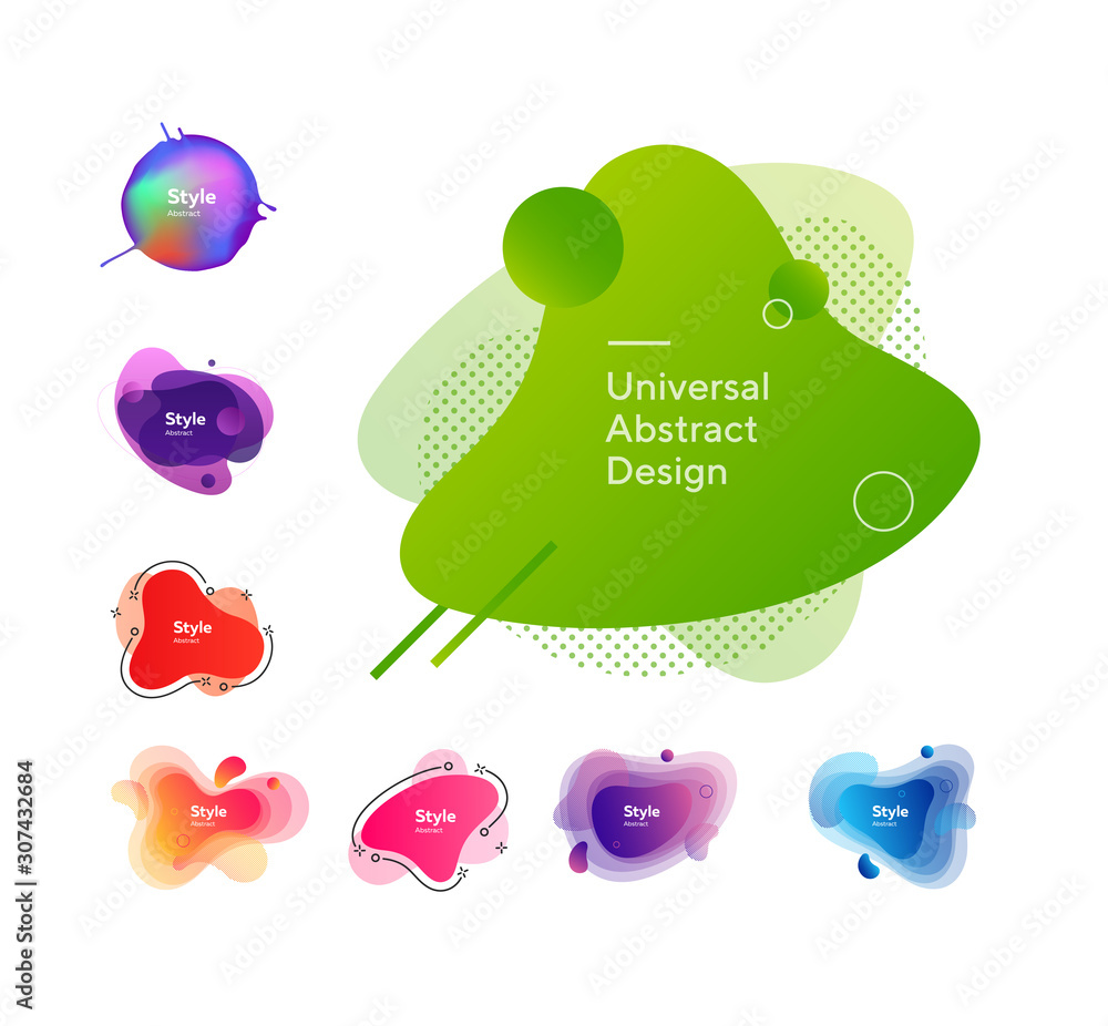 Poster neon liquid abstract elements set. colorful dynamic shapes with sample text. trendy minimal template
