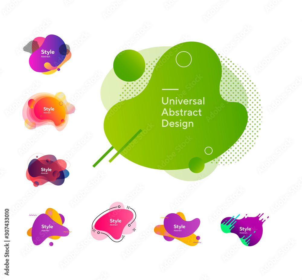 Poster set of bright abstract figures. dynamical colored forms and line. gradient banners with flowing liqu