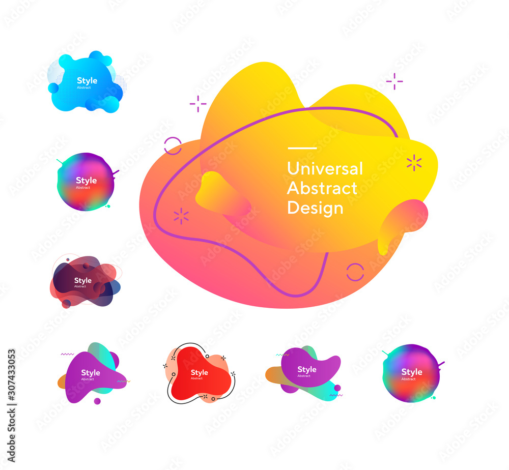 Poster set of bright colorful abstract graphic elements. dynamical colored forms and dots. gradient banners