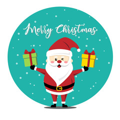 Smiling cute Santa Claus holding the gift boxes on his hands. Vector character cartoon for Christmas and Happy New year decoration and design; greeting card, fryers, poster, banner, background.