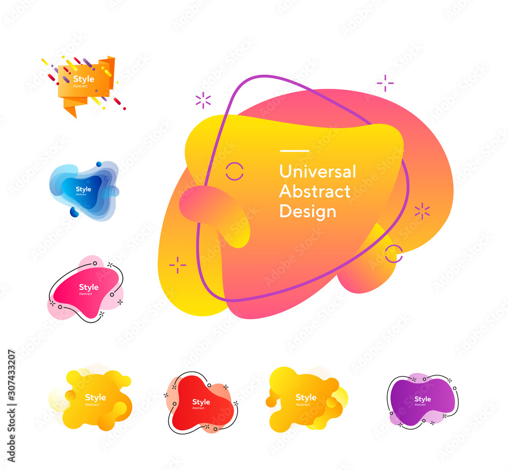 Poster set of bright multi-colored design elements. dynamical colored forms and line. gradient banners with
