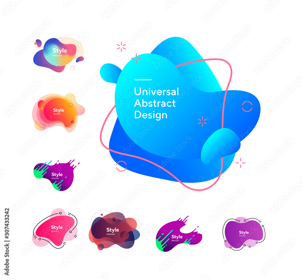 Poster set of colored liquid shape with splashes. dynamical colored forms. gradient banners with flowing li