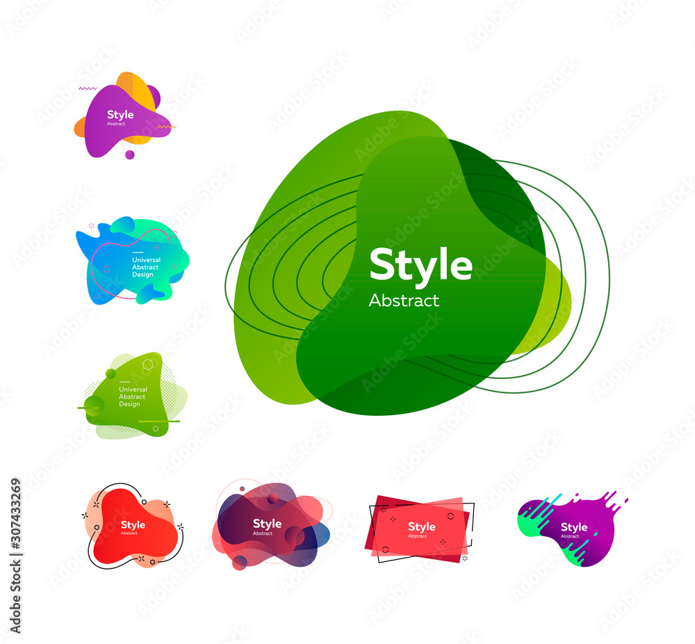 Aufkleber set of colorful abstract style elements. dynamical liquid shapes for banners. trendy minimal templat
