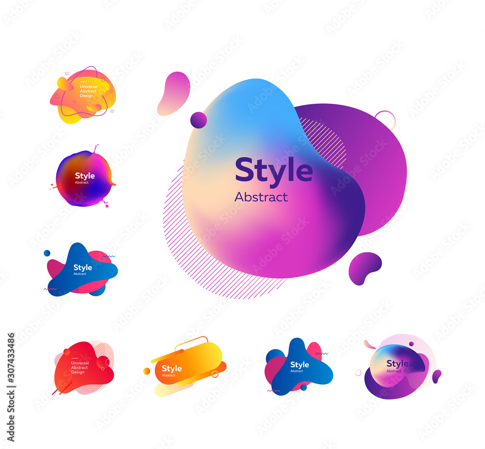 Poster set of creative multi-colored bubble-shaped objects. dynamical colored forms and line. gradient bann