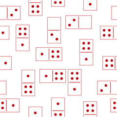 Dominoes. Monochromatic domino game pieces, cubes with red dot symbols, numbers one, two, four. Minimalist modern seamless pattern on white background, linear vector design