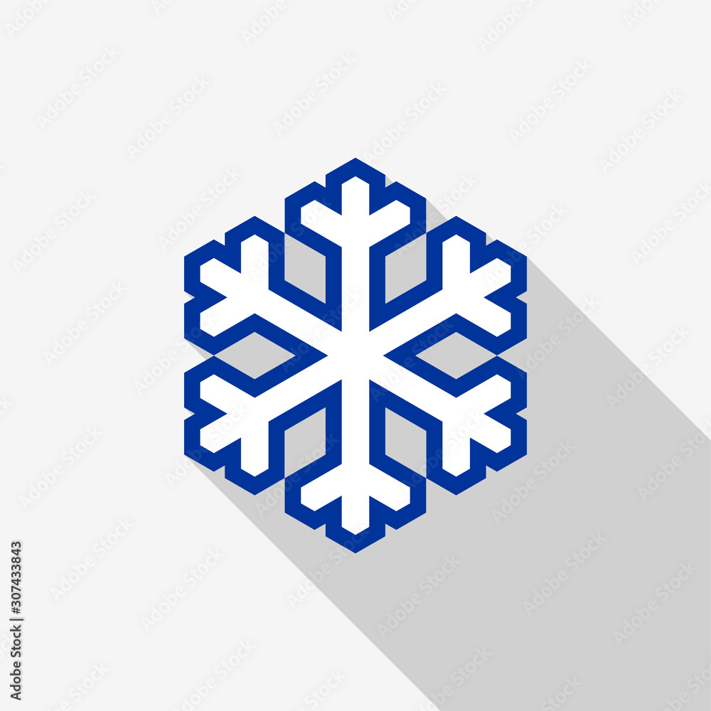 Poster flat white snowflake icon with blue outline and long shadow on a green background.