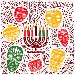 Happy Kwanzaa. Hand drawn vector illustration. Greeting card with kinara and traditional colored candles.