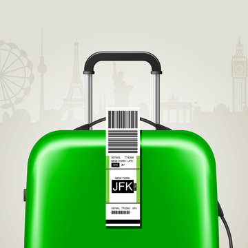 Sticky baggage label with JFK New York airport sign, hand luggage tag template