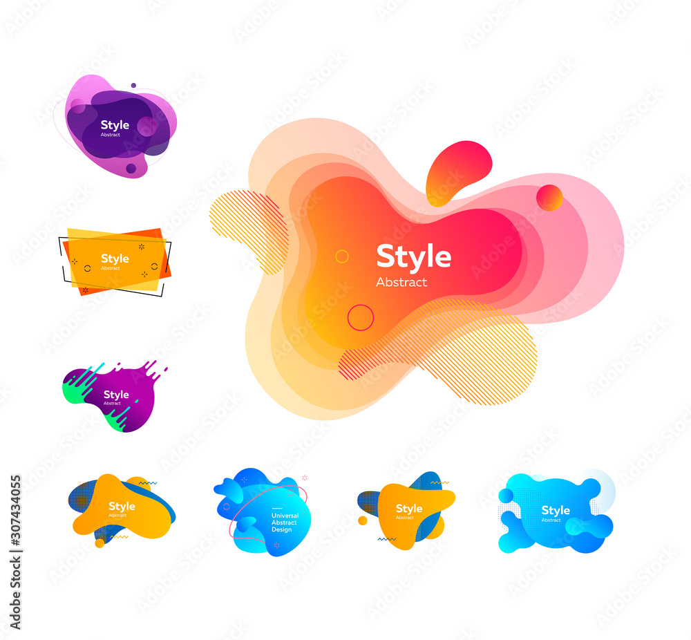 Poster set of vibrant liquid shapes for presentation. dynamical colored forms. gradient banners with flowin
