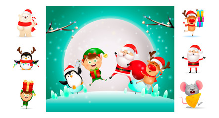 Christmas cartoon characters jumping. Can be used for invitation and greeting card. New Year concept