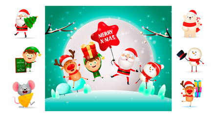Happy Christmas cartoon characters during winter night. Can be used for invitation and greeting card. New Year concept