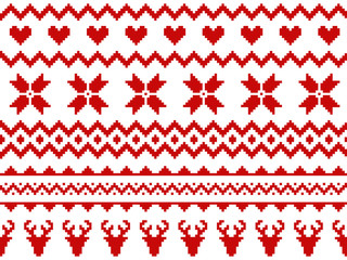 Nordic traditional seamless pattern. Norway Christmas sweater. Red and white knitted Christmas pattern with deers, hearts and snowflakes. Hygge. Scandinavian winter pattern