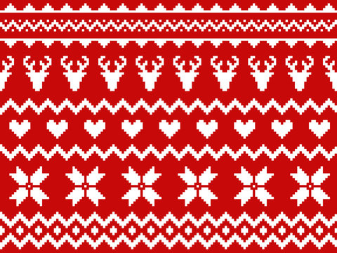 Nordic traditional seamless pattern. Norway Christmas sweater. Red and white knitted Christmas pattern with deers, hearts and snowflakes. Hygge. Scandinavian winter pattern