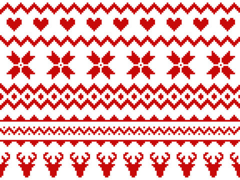 Nordic traditional seamless pattern. Norway Christmas sweater. Red and white knitted Christmas pattern with deers, hearts and snowflakes. Hygge. Scandinavian winter pattern