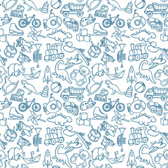 Toys hand drawn seamless pattern. Toys endless sketch drawing texture. Childish background. Part of set.