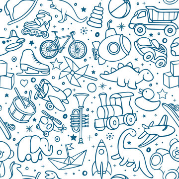 Toys Hand Drawn Seamless Pattern. Toys Endless Sketch Drawing Texture. Childish Background. Part Of Set.