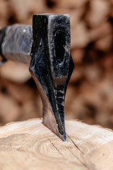 An ax stuck in a log. Ax blade close.
