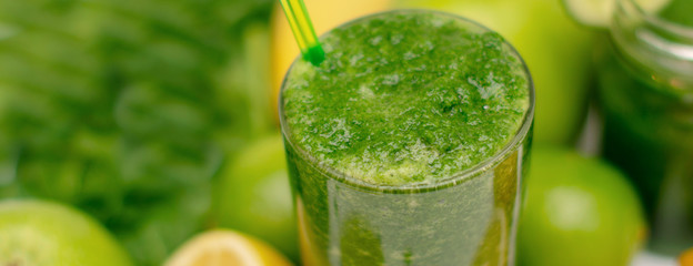 Green natural smoothie to detox and cleanse the body of toxins. For diet and weight loss. Healthy lifestyle. Vegetarianism. Banner.