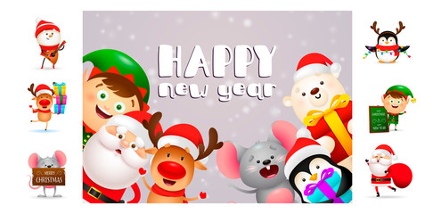 Happy New Year postcard with cute cartoon characters. Text with decorations can be used for invitation and greeting card. New Year concept
