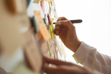 A team of business people develop a leadership concept by writing notes on stickers on a white...