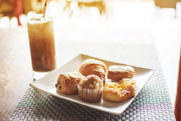 bread breakfast on table  with  Ice chocolate