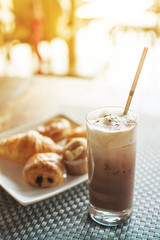 bread breakfast on table  with  Ice chocolate