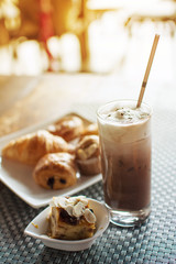 bread breakfast on table  with  Ice chocolate