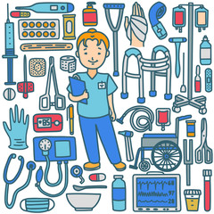 Nurse with Medical Instruments in Hand-Drawn Doodle Style