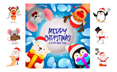 Obraz na płótnie Canvas Merry Christmas and happy New Year card on blue background. Text with decorations can be used for invitation and greeting card. New Year concept
