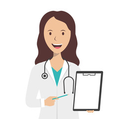 Fototapeta premium Woman doctor holding a white sheet of paper in her hands with a diagnosis, vector illustration isolated on white background. Female doctor therapist points to a white sheet of paper