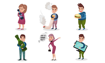 People Having Bad Habits Vector Illustrations Set. Harmful Addictions Concept