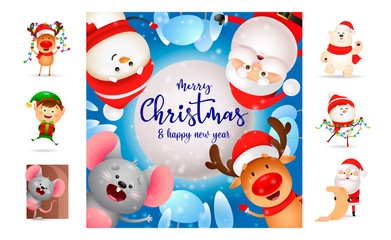 Fototapeta premium Merry Christmas and happy New Year festive poster. Text with decorations can be used for invitation and greeting card. New Year concept