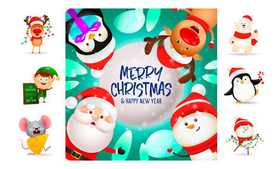 Merry Christmas bright postcard with cute cartoon characters. Text with decorations can be used for invitation and greeting card. New Year concept