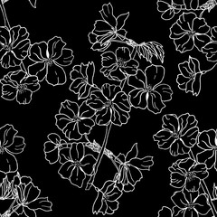 Cherry branch with flowers seamless pattern, white on black background, hand drawn ink, blossom, home decor, apricot