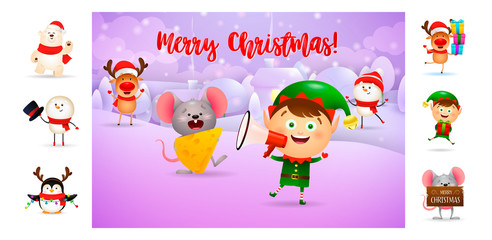 Merry Christmas card with cartoon elf holding loudspeaker. Text with decorations can be used for invitation and greeting card. New Year concept