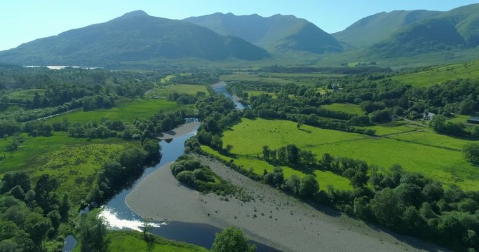 Aerial of the River Orchy in Dalmally, Argyll in the Scottish Highlands on a summer's day with sun reflecting in water