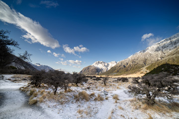 Fototapeta premium White Horse camping ground and caravan park located in Hooker Valley ,Mount Cook, New Zealand.