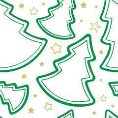 Green Christmas trees and golden stars seamless pattern. Hand drawn Christmas trees and stars endless background. Christmas and New Year decoration. Part of set.