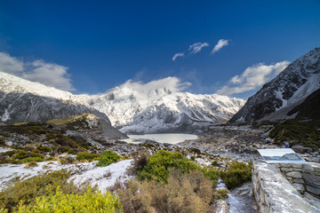 Fototapeta na wymiar Amazing view at Mount Cook New Zealand.Close up shot on the grass covered by snow.